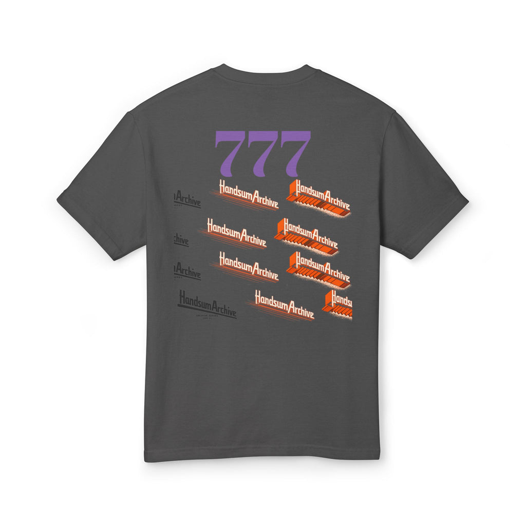 Dark gray graphic T-shirt with large 777 back print and multi-logo grid