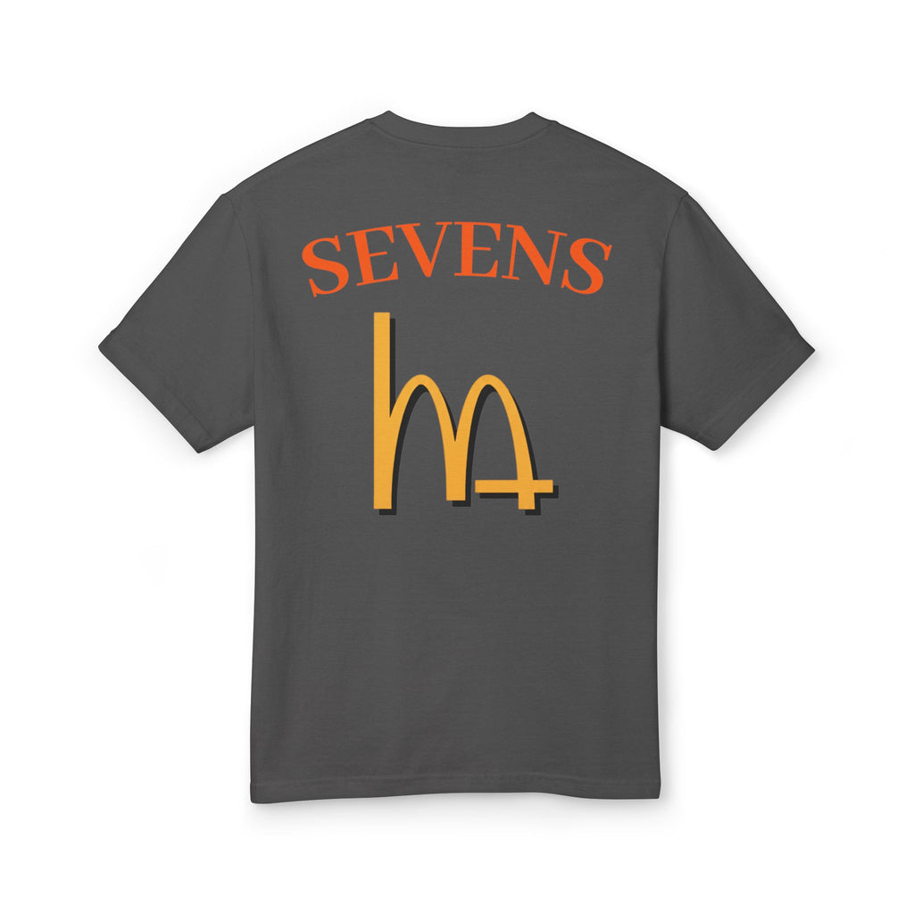 Faded black tee with back 'SEVENS' text and 'M+' logo graphic