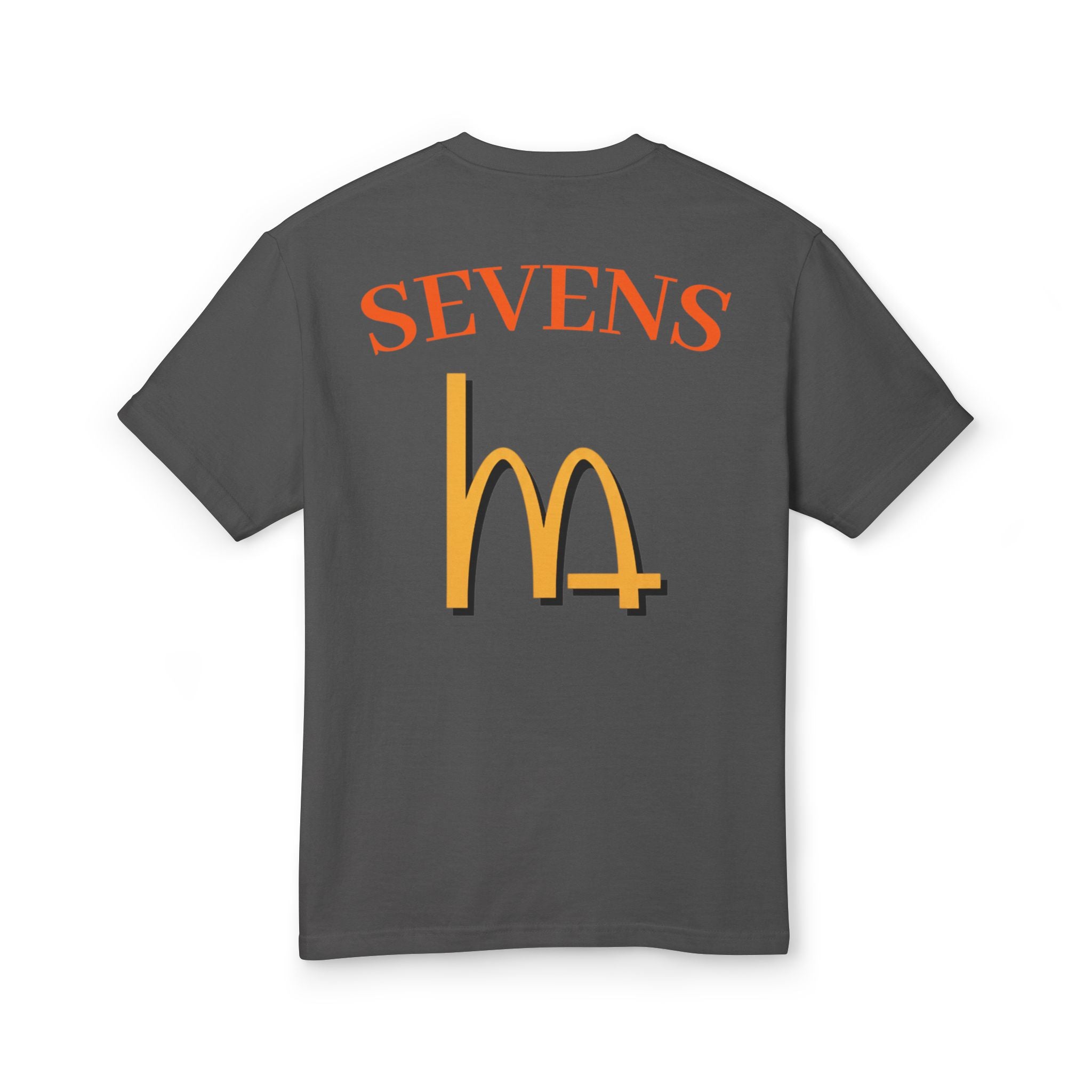 Faded black tee with back 'SEVENS' text and 'M+' logo graphic