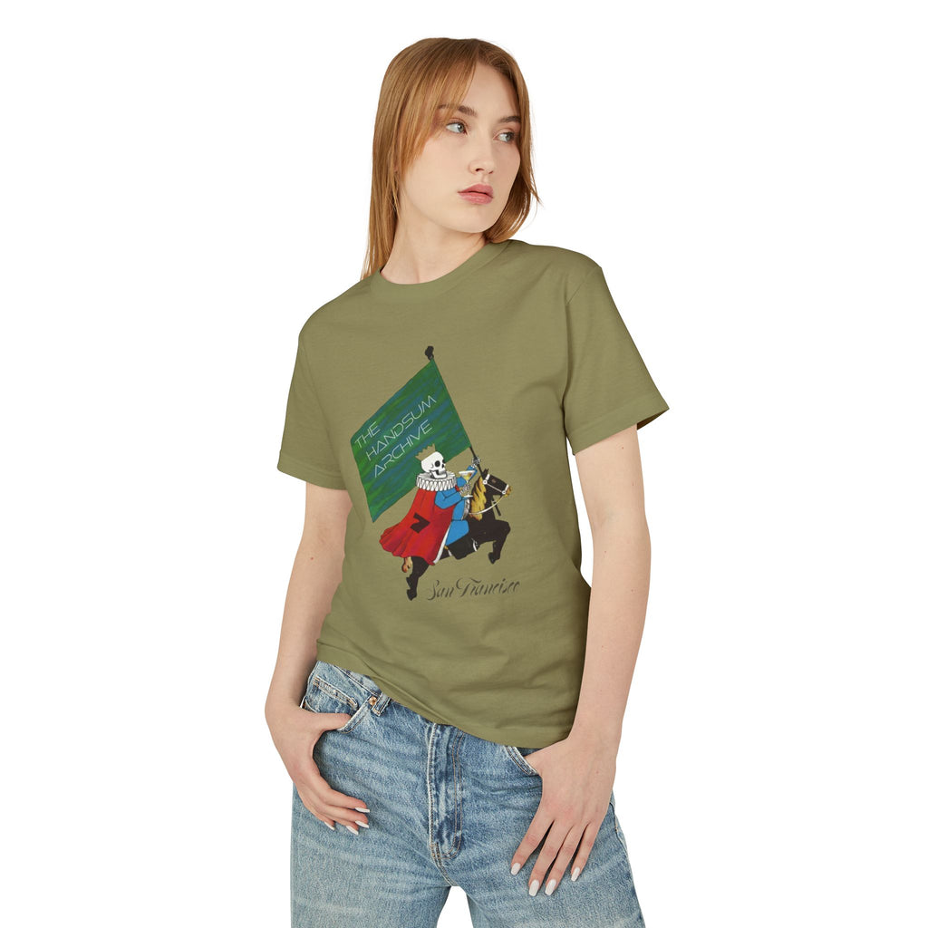 Olive graphic t-shirt with knight character print on front, short sleeves