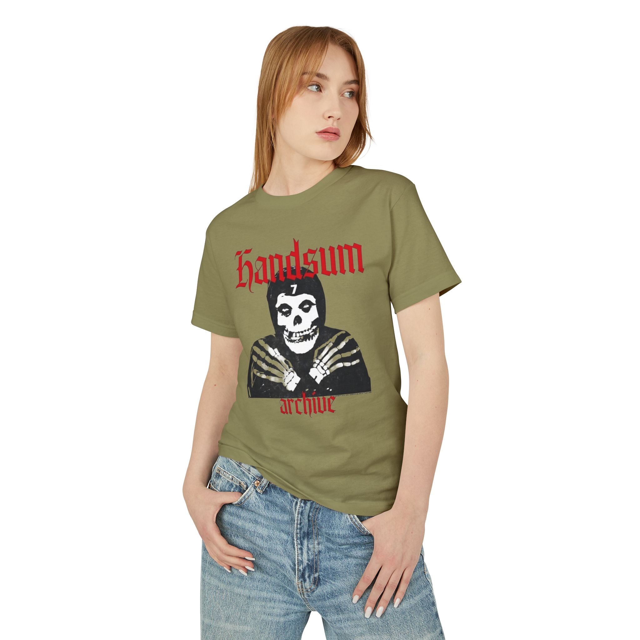 Olive green graphic crewneck T-shirt with skull-and-band poster print on front