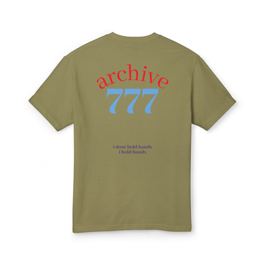 Olive crewneck graphic tee with “archive 777” and small text on back