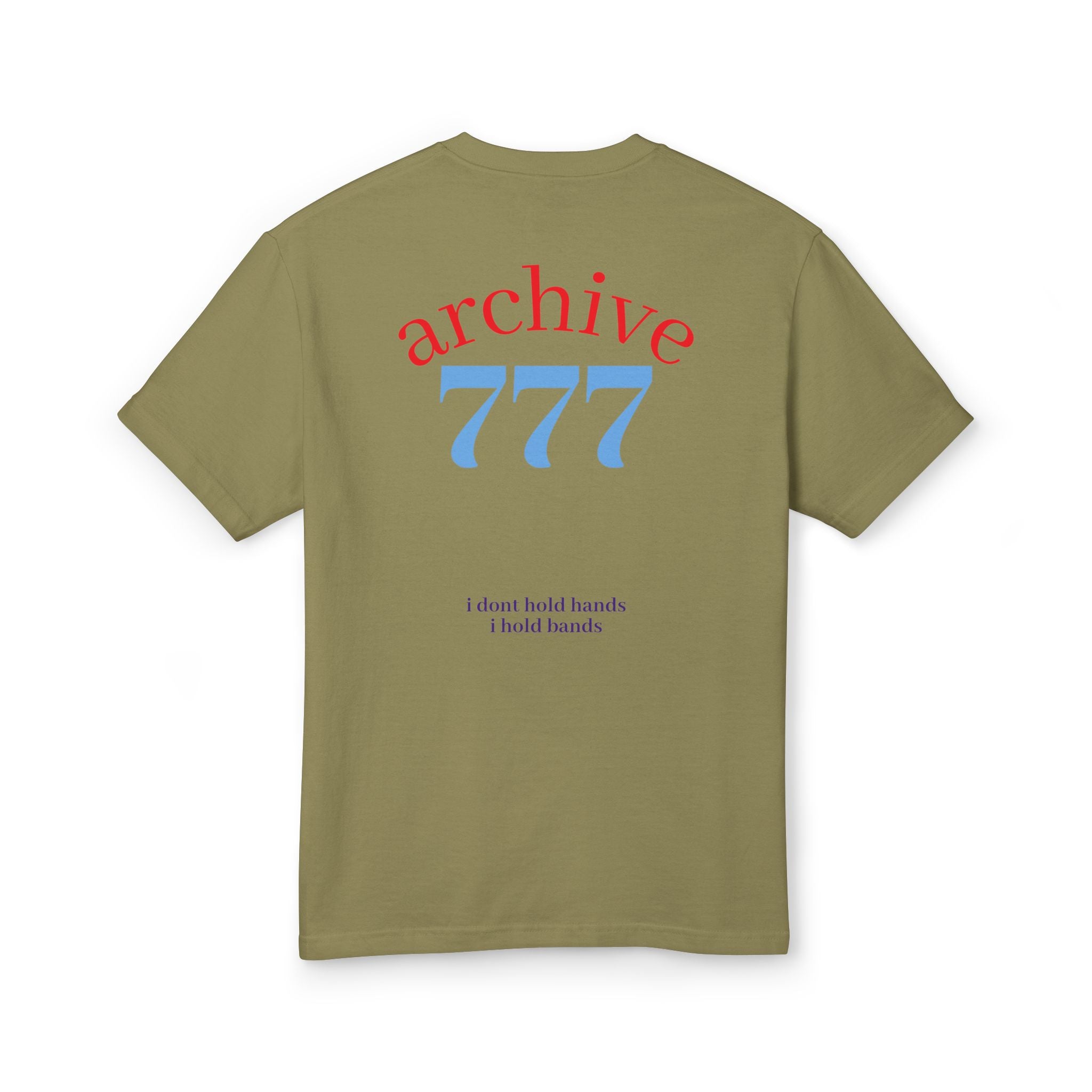 Olive crewneck graphic tee with “archive 777” and small text on back