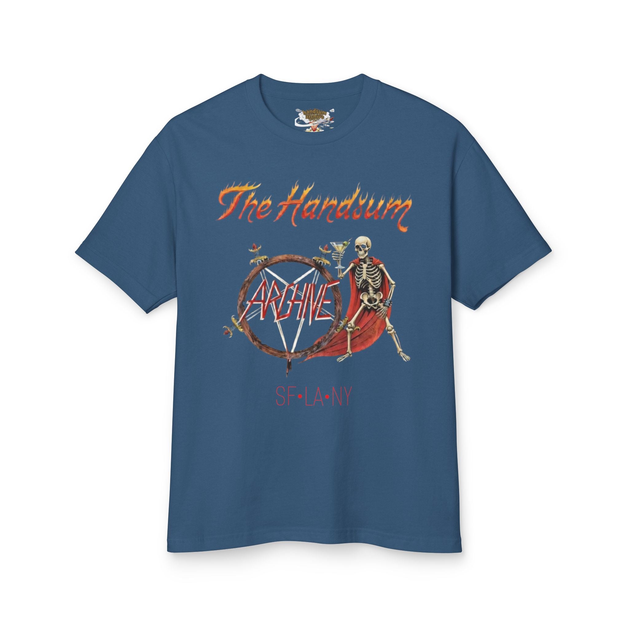 Faded navy crewneck Slayer Generational tee with skeleton bicycle graphic on front