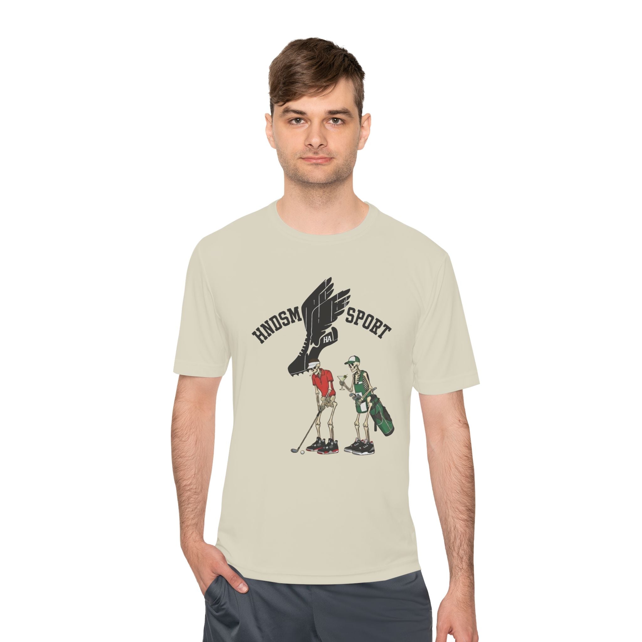 Light cream T-shirt with front eagle and sport-themed characters graphic.