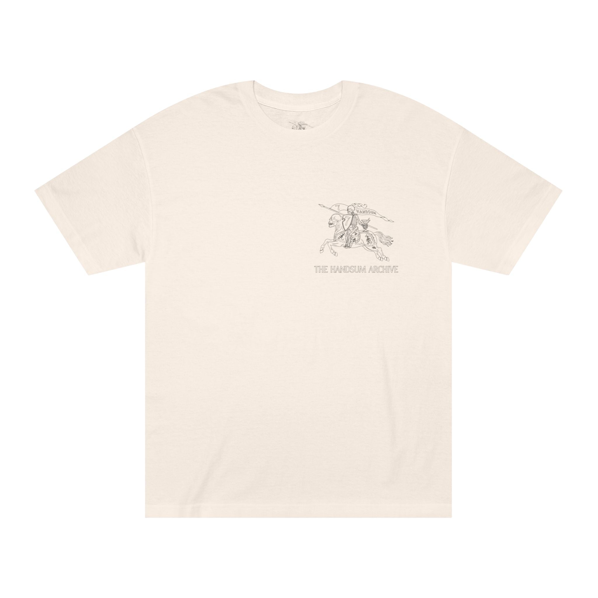 Handsum Island T-shirt, light cream crewneck with small chest line-art graphic.