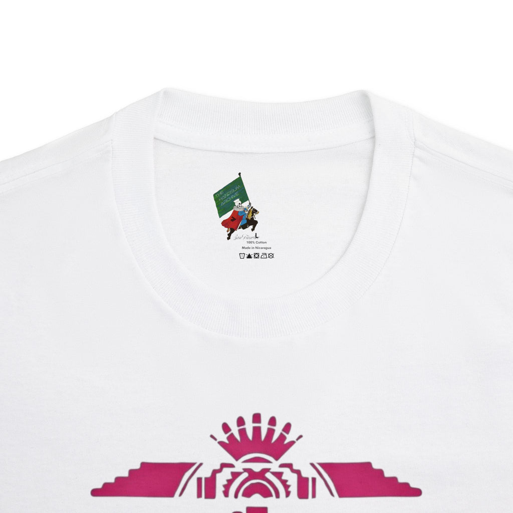 White crewneck tee with small neck label and magenta logo emblem