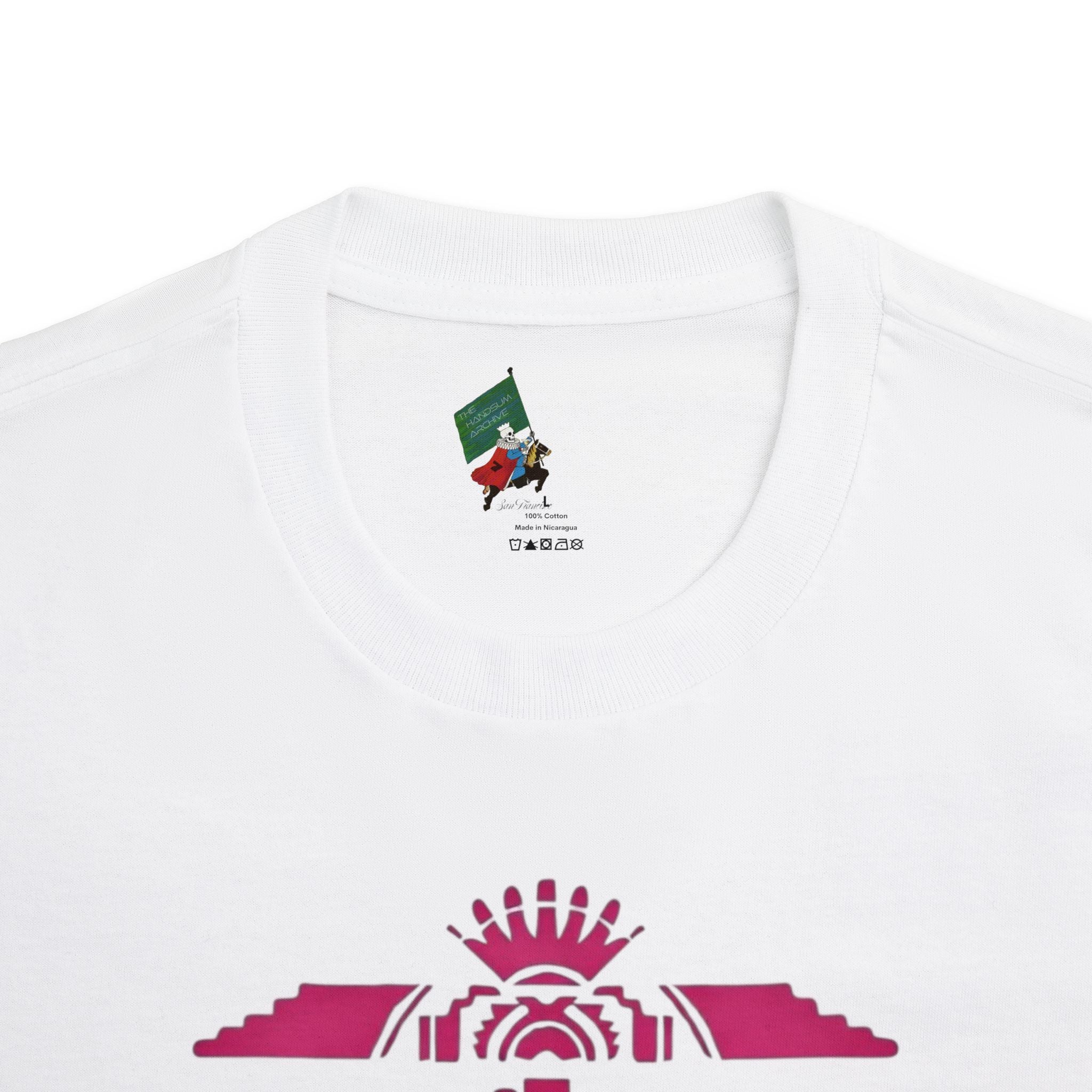 White crewneck tee with small neck label and magenta logo emblem