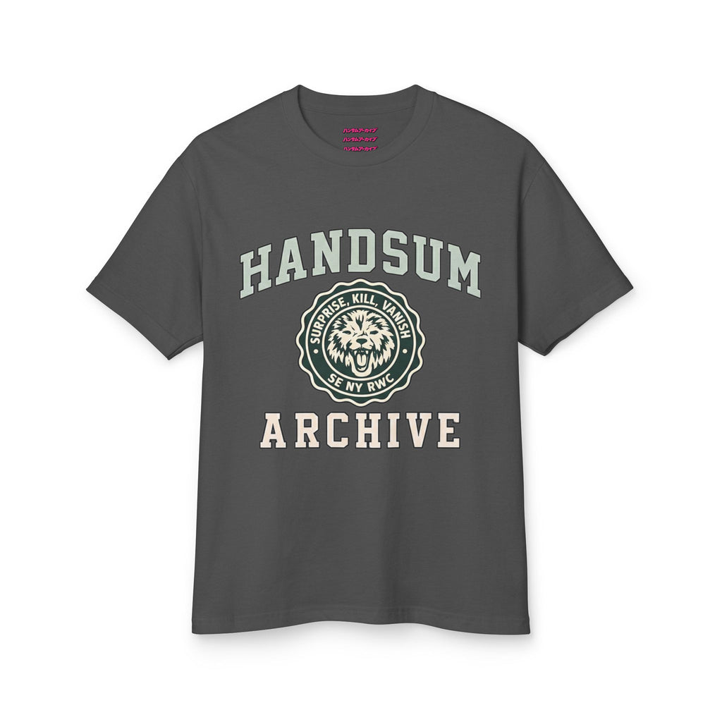 Dark gray graphic crew-neck T-shirt with “HANDSUM ARCHIVE” logo on the front.