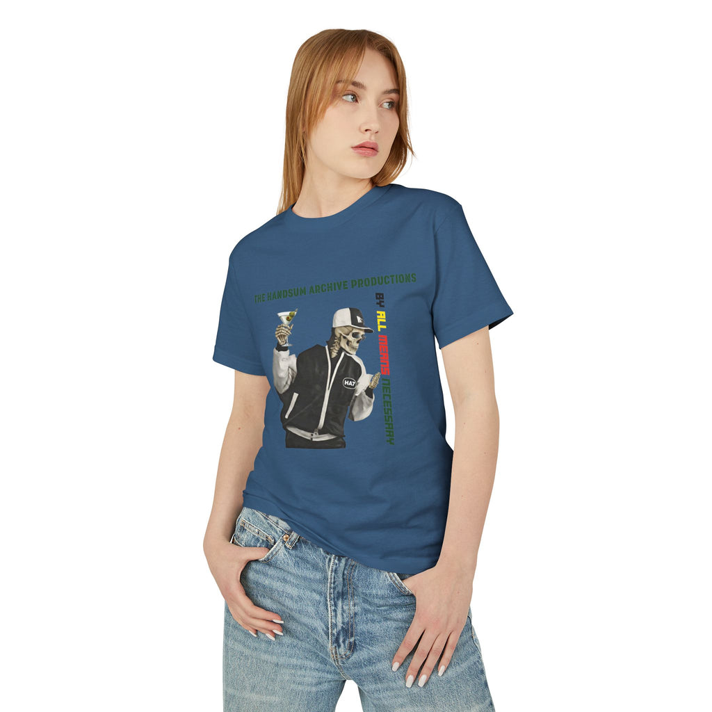 Blue graphic teacher T-shirt with front character and vertical text print