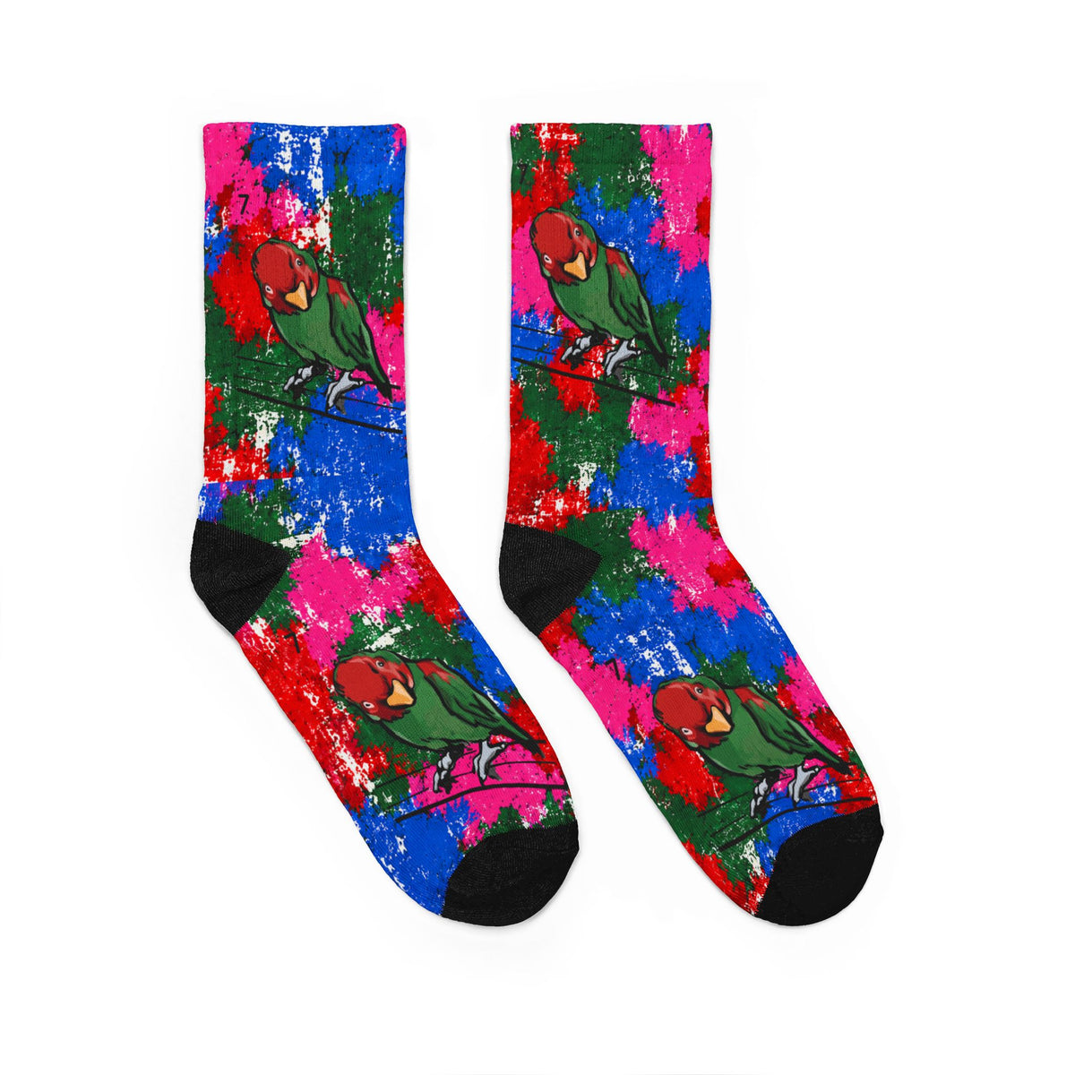Crew socks with bright tropical bird floral print and black toe/heel panels