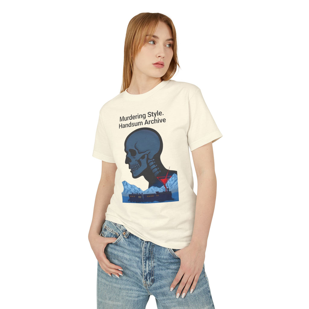 Cream crewneck graphic tee with skull and hands Archive front print