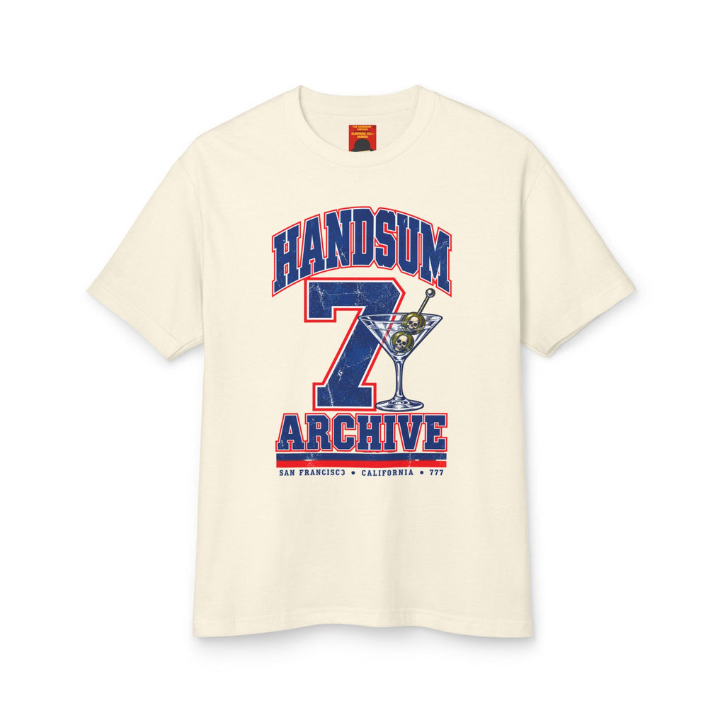 Cream graphic T-shirt with blue and red 'Handsum Archive' number 7 logo