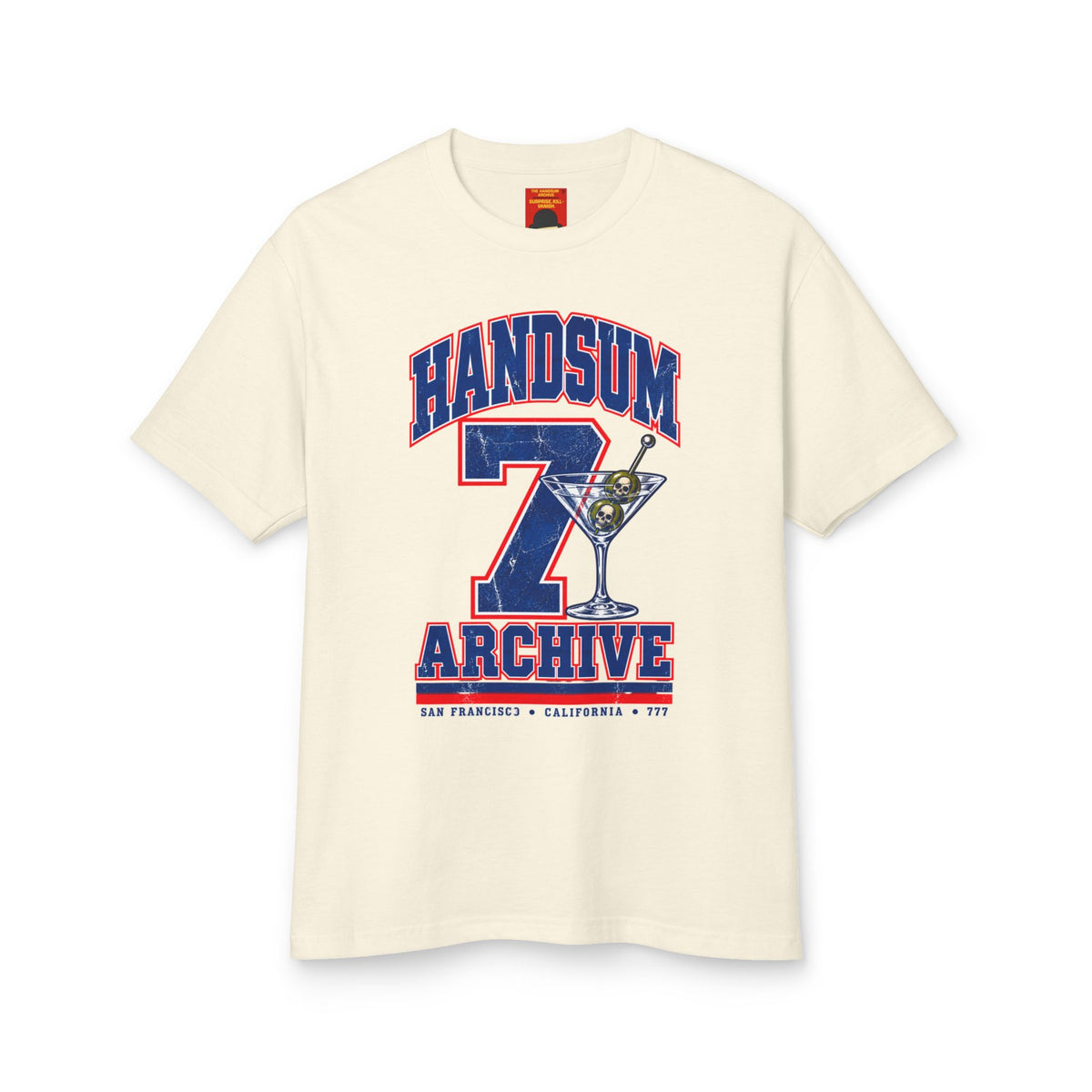 Cream graphic T-shirt with blue and red 'Handsum Archive' number 7 logo