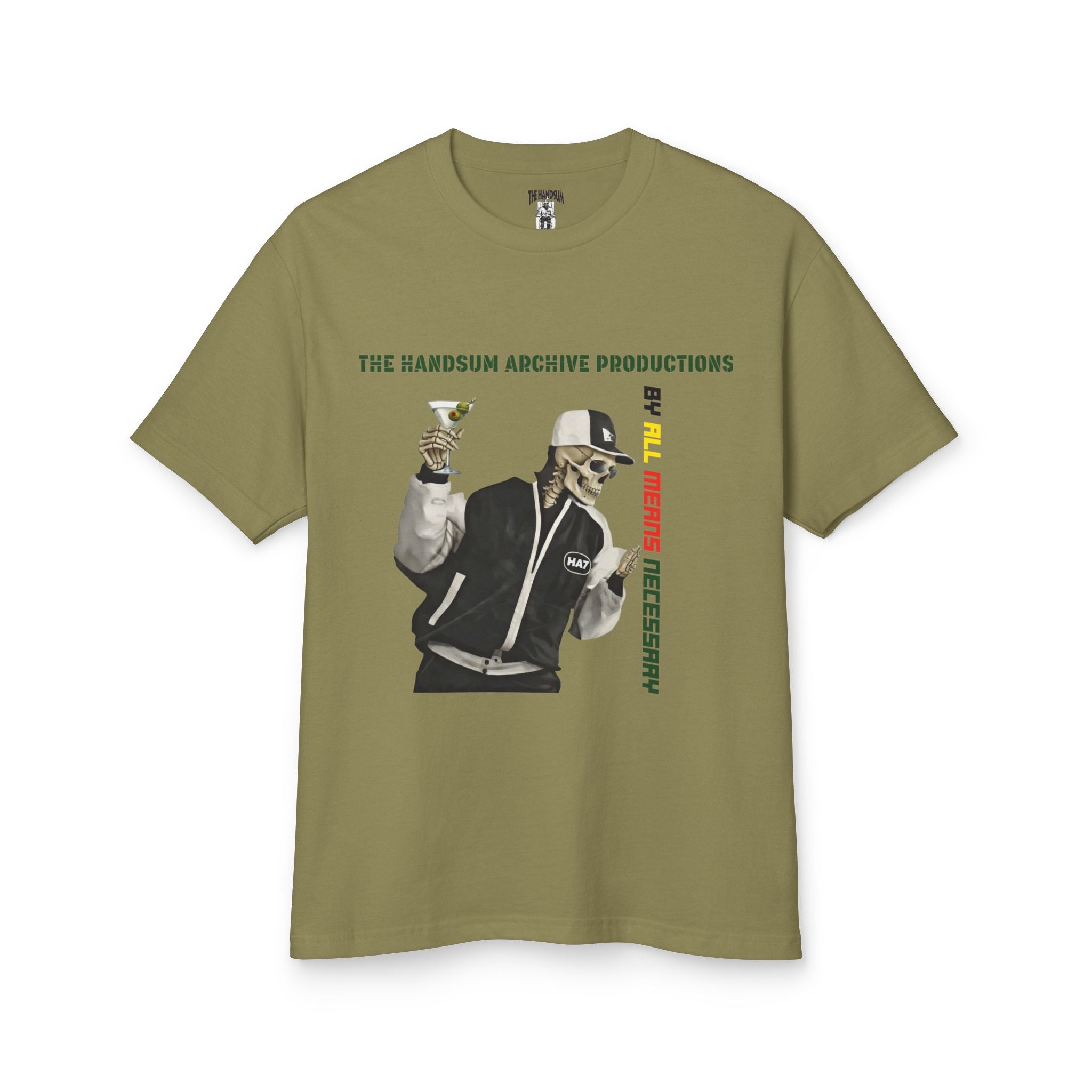 Olive graphic T-shirt with illustrated character and vertical wordmark print