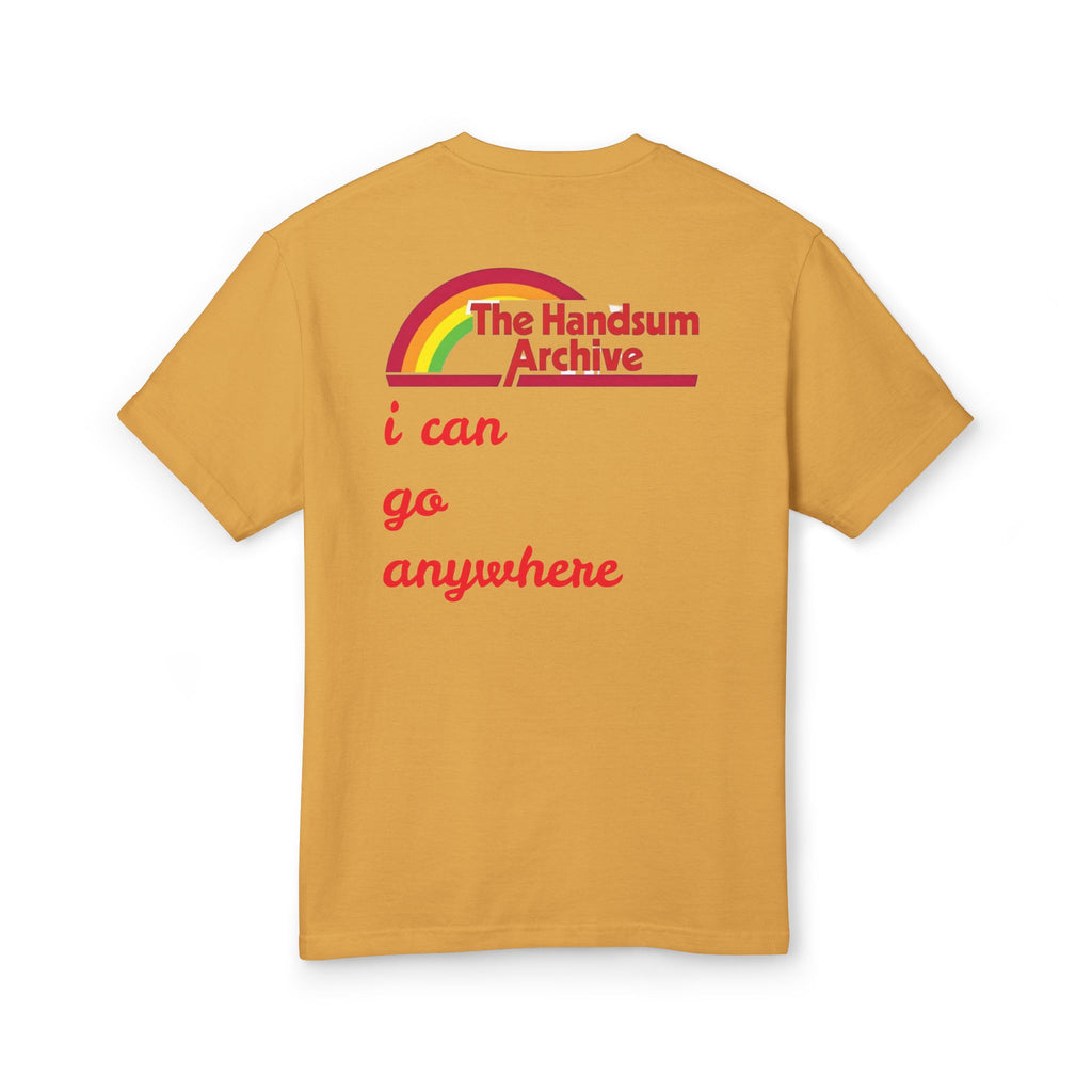 Mustard T-shirt with rainbow Handsum Archive logo and red back text 'i can go anywhere'
