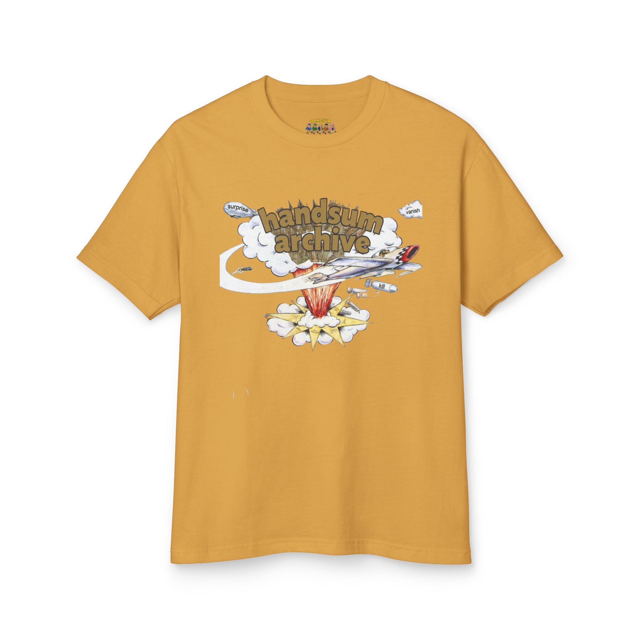 Mustard graphic tee with handsum archive artwork on the front