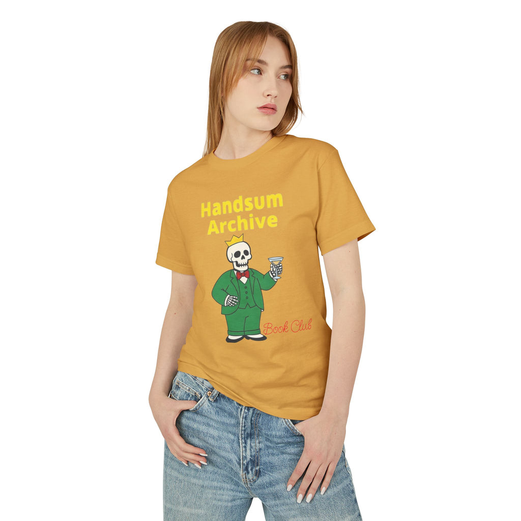 Mustard T-shirt with Handsum Archive skull character and drink graphic on the front