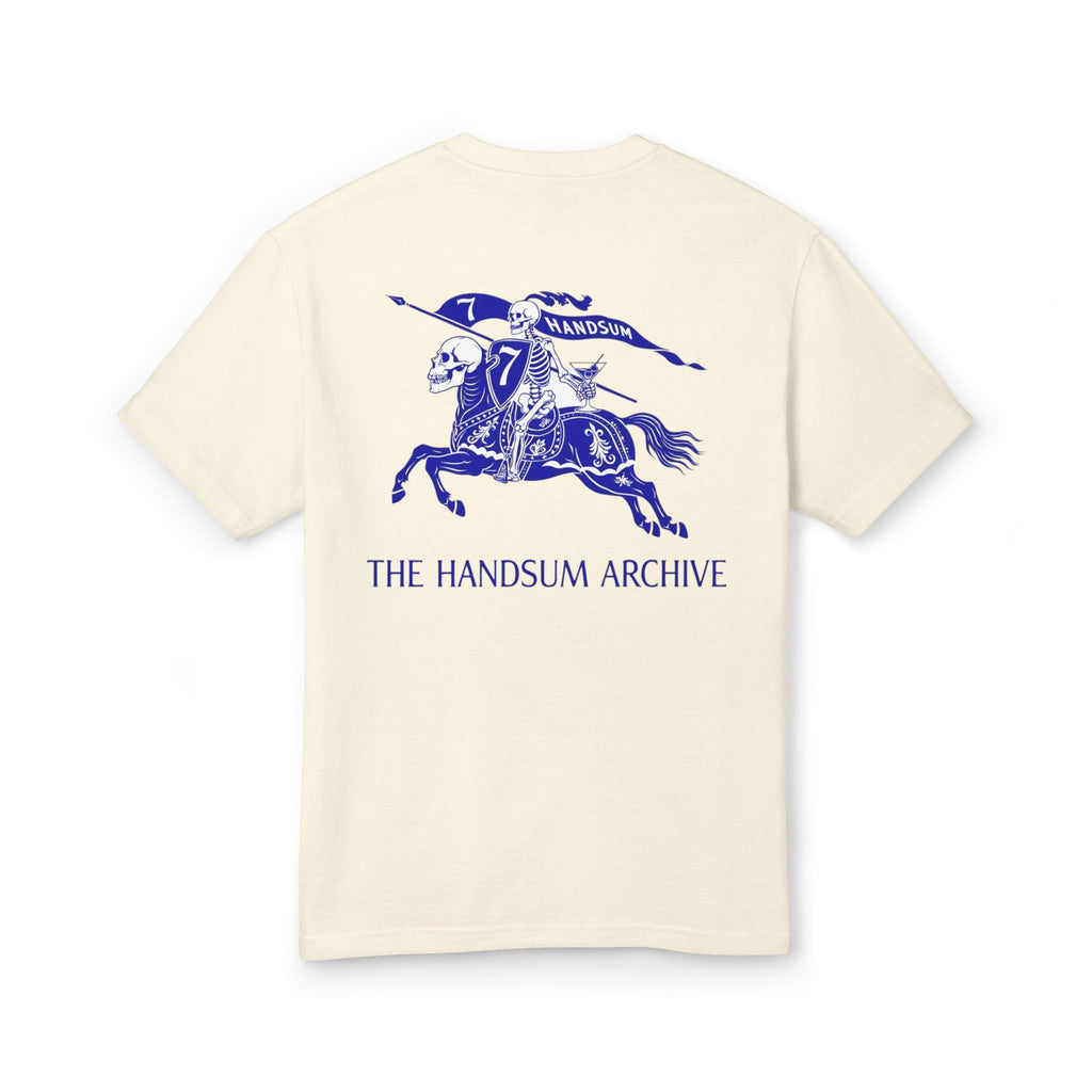 Cream graphic T-shirt back with blue horse rider and 'THE HANDSUM ARCHIVE' text