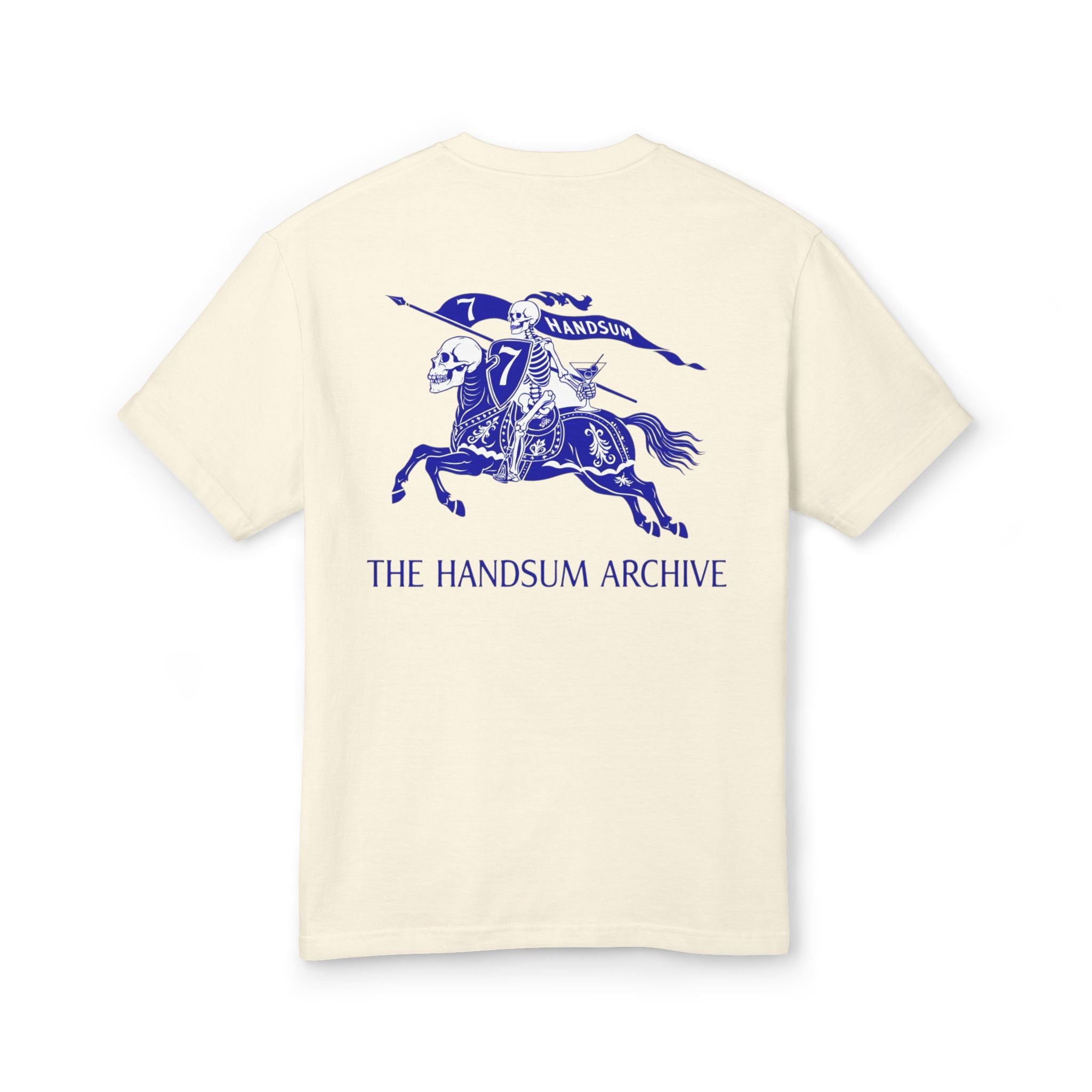 Cream graphic T-shirt back with blue horse rider and 'THE HANDSUM ARCHIVE' text