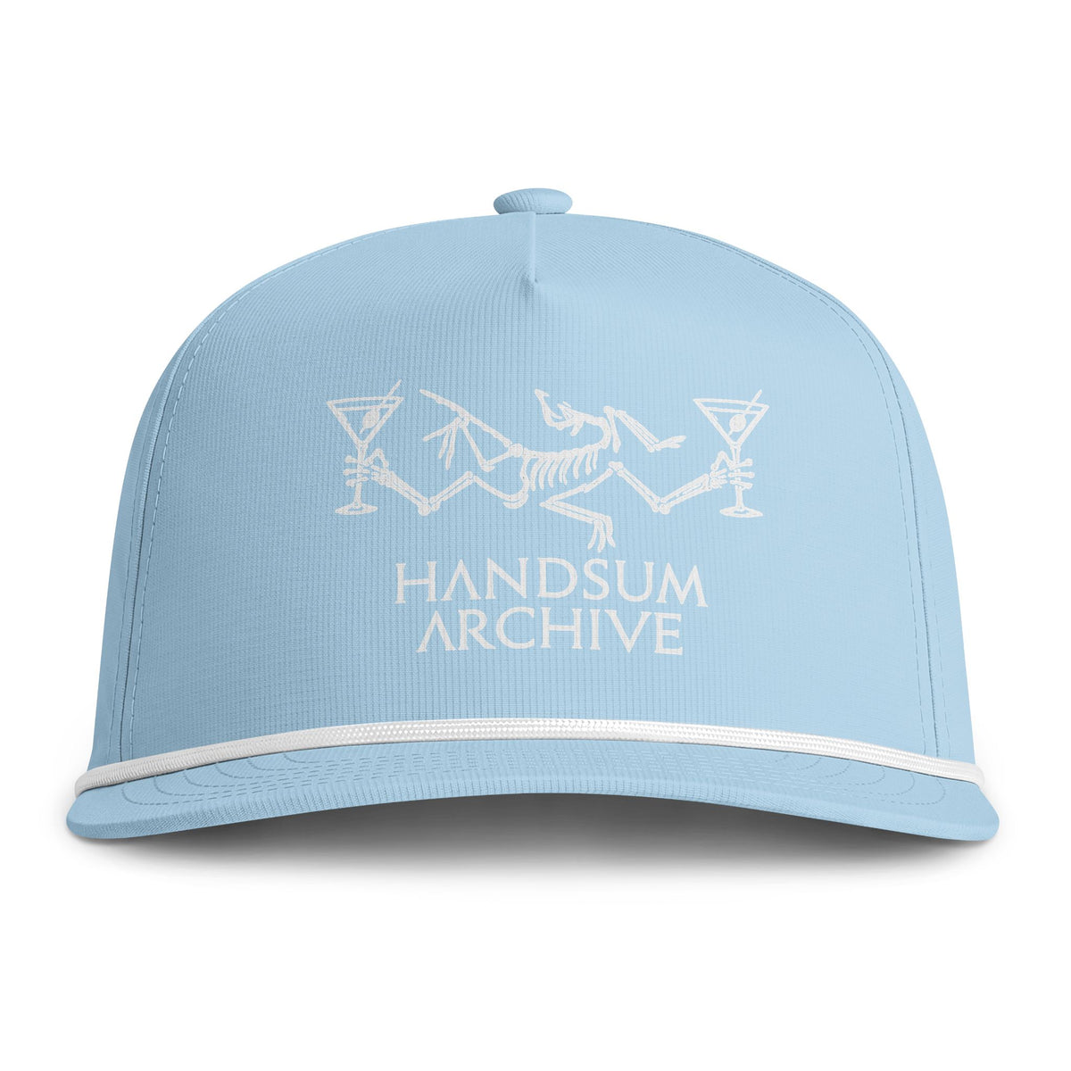 Light blue trucker hat with white rope trim and Handsum Archive embroidered logo