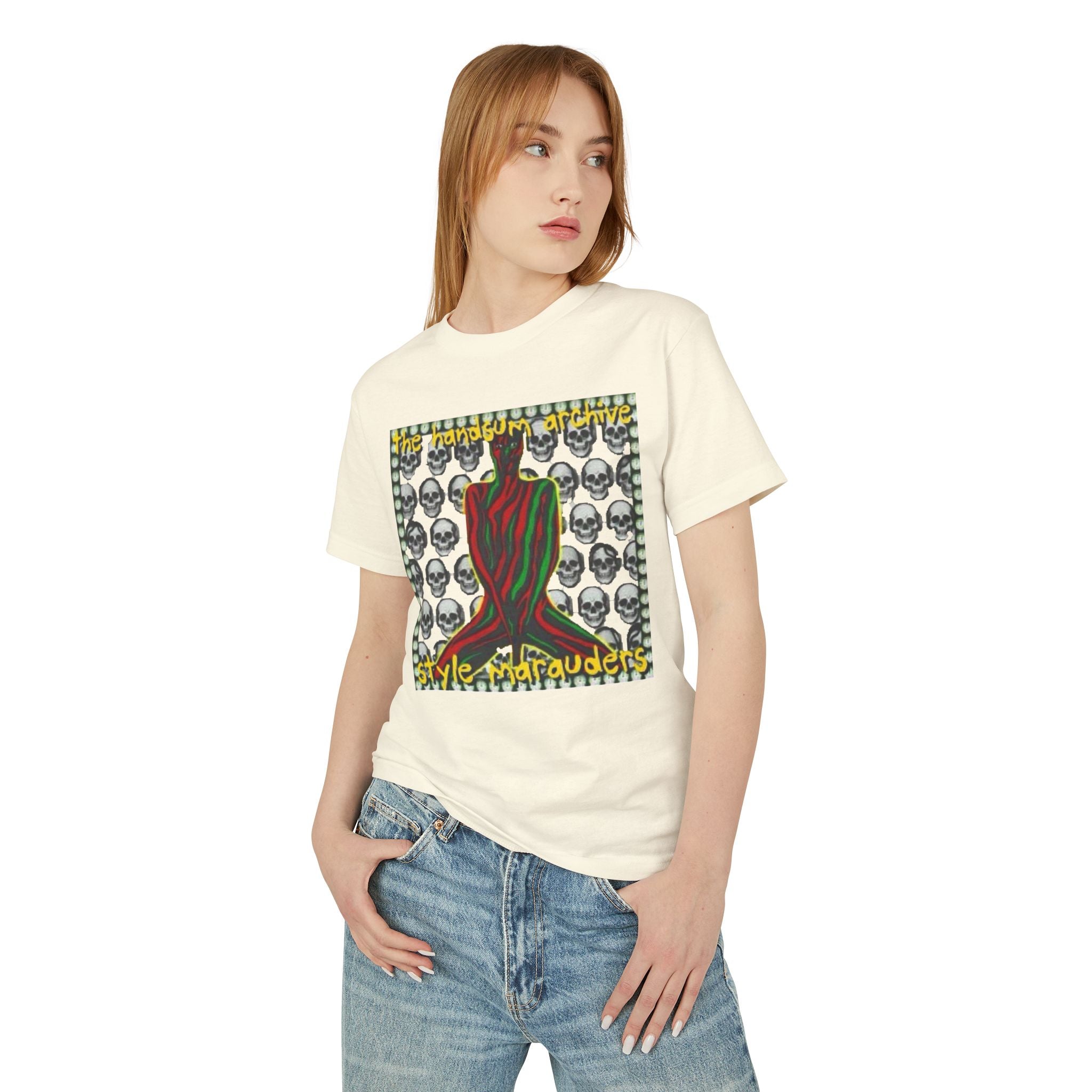 Marauders graphic tee in faded cream with colorful skull pattern and red hand front print