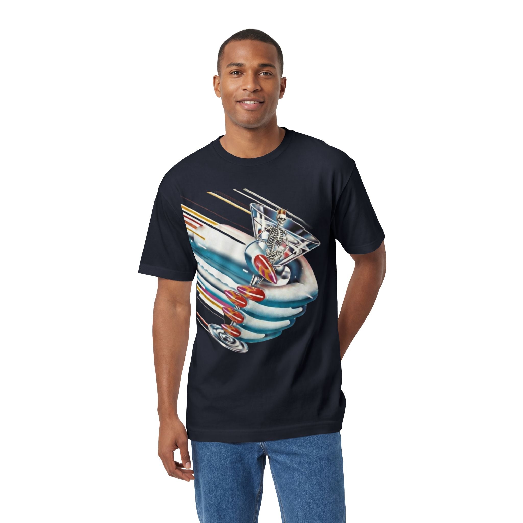 Navy Turbo Tee with colorful astronaut and rocket graphic on chest