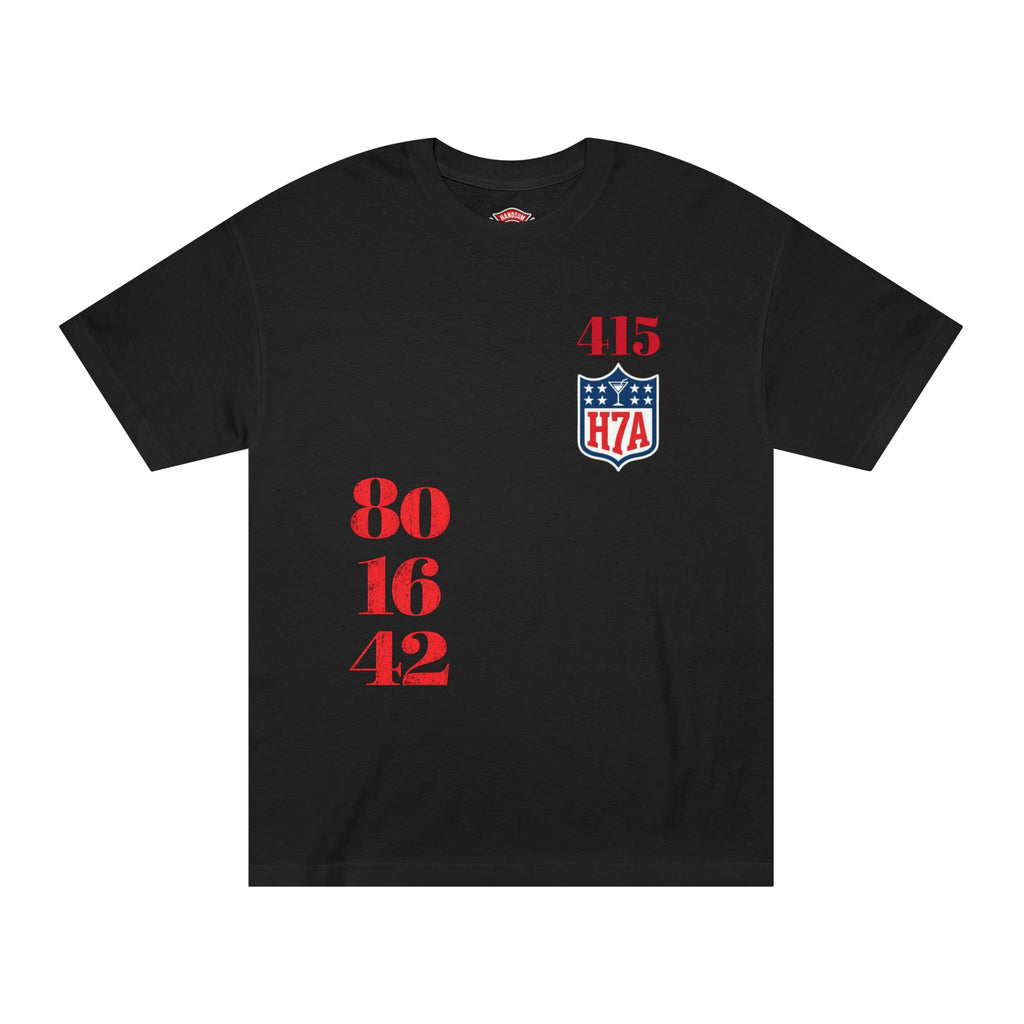 Black T-shirt with red 415 and H7A shield logos, and red 80-16-42 graphic on front