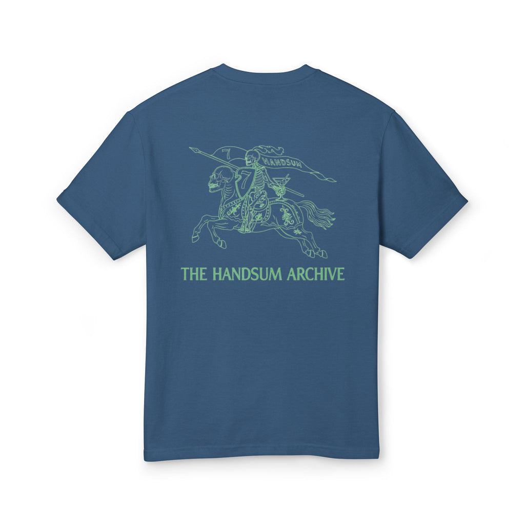 Blue graphic T-shirt back with teal horse rider and 'THE HANDSUM ARCHIVE' print