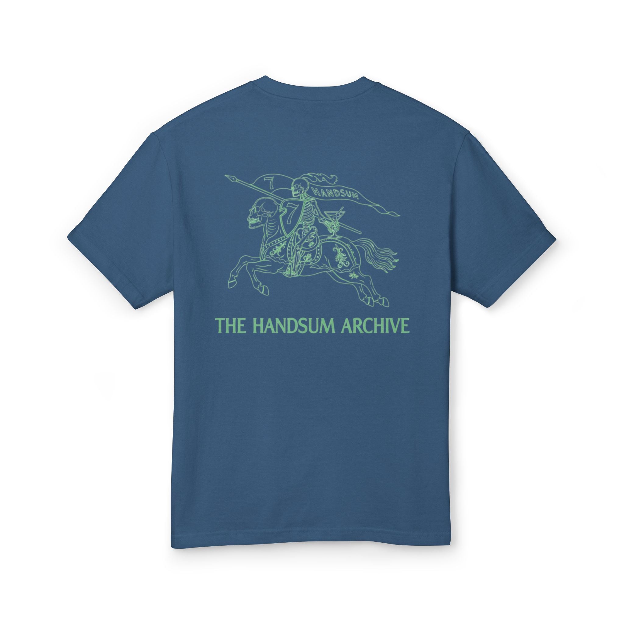 Blue graphic T-shirt back with teal horse rider and 'THE HANDSUM ARCHIVE' print
