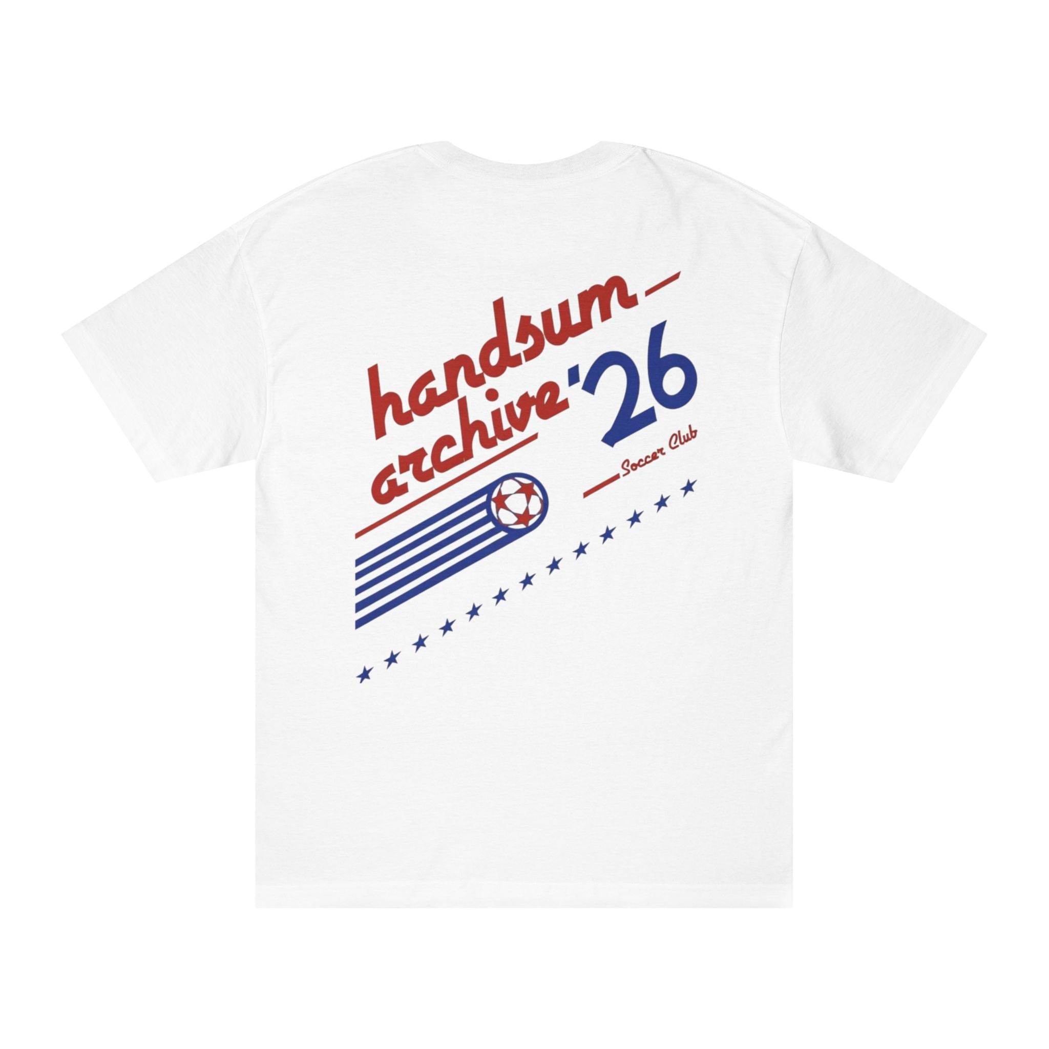 White short-sleeve tee with large back graphic design and text