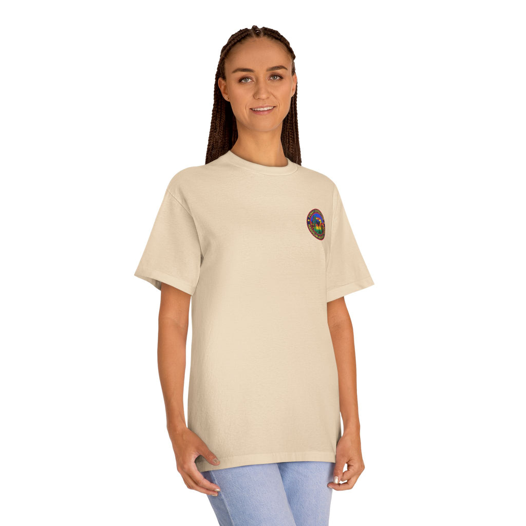 Cream crewneck tee with small round chest logo patch