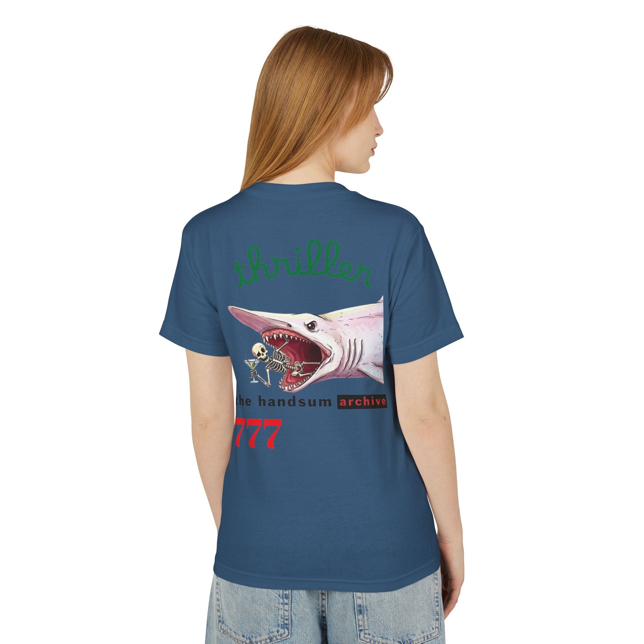 Blue short-sleeve T-shirt with back shark graphic and “777” print