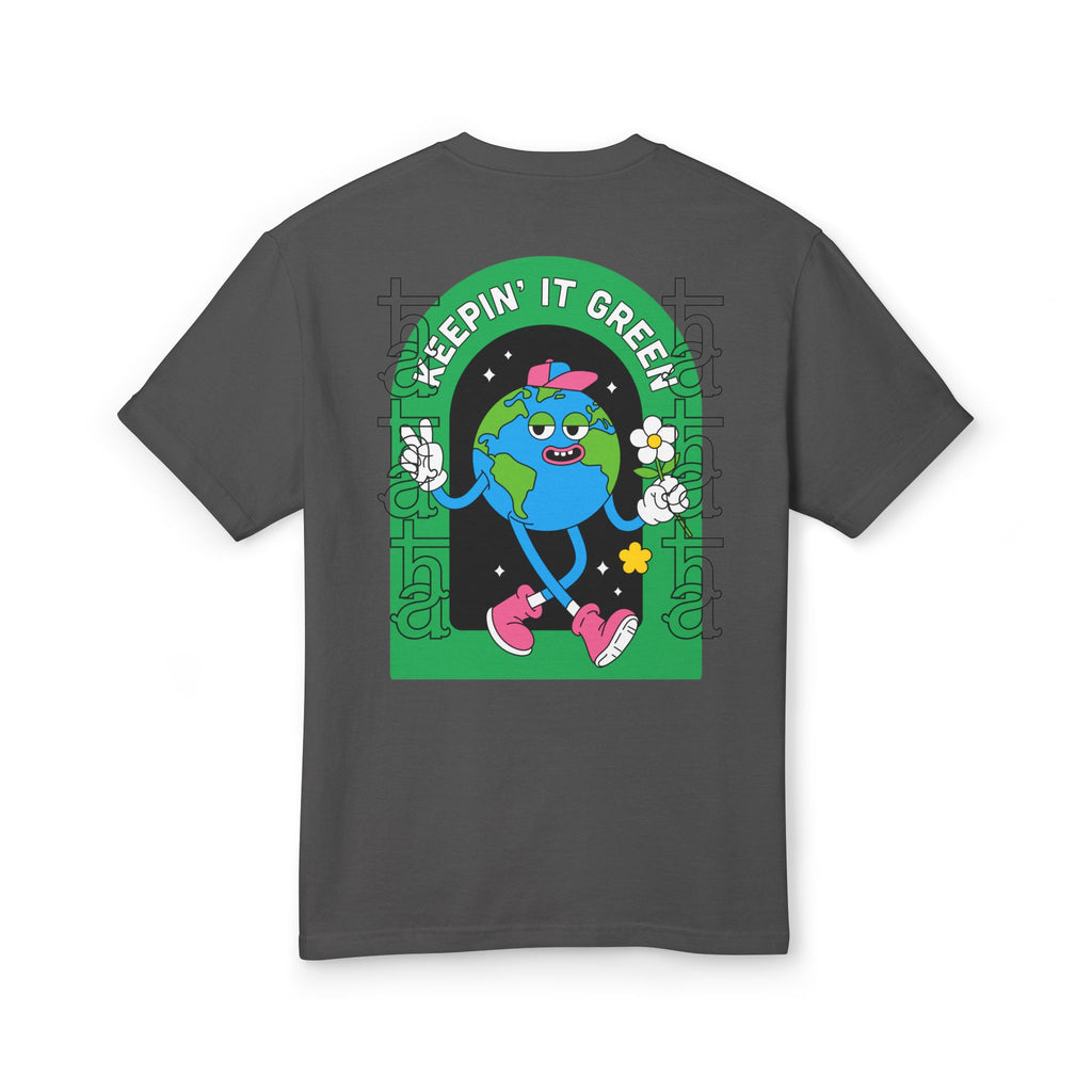 Dark gray back graphic tee with 'Keepin' It Green' and globe illustration