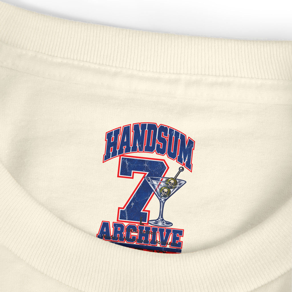 Cream graphic tee close-up of “HANDSUM ARCHIVE” chest logo