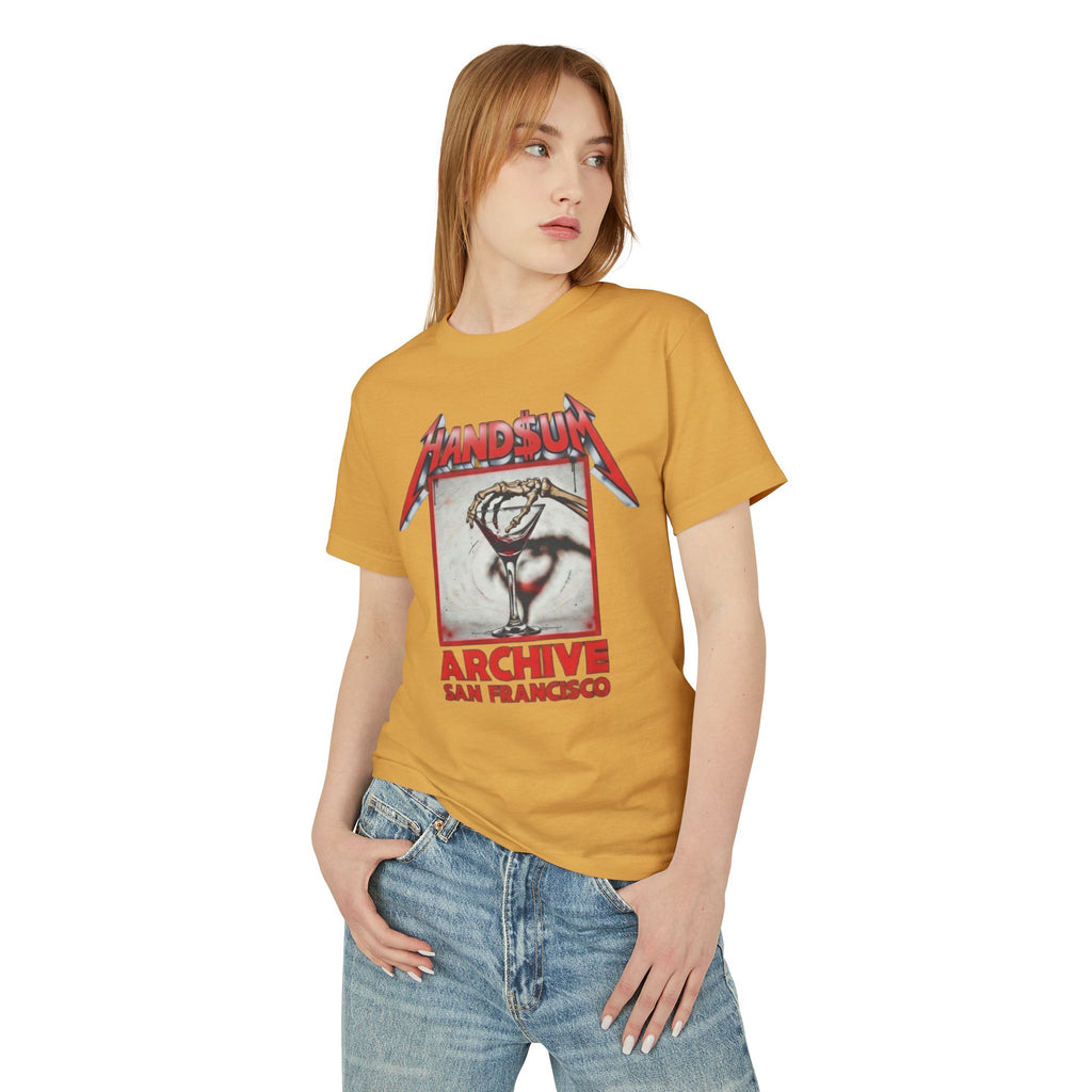 Cotton T-shirt, mustard, front graphic print with martini art and 'Archive' text