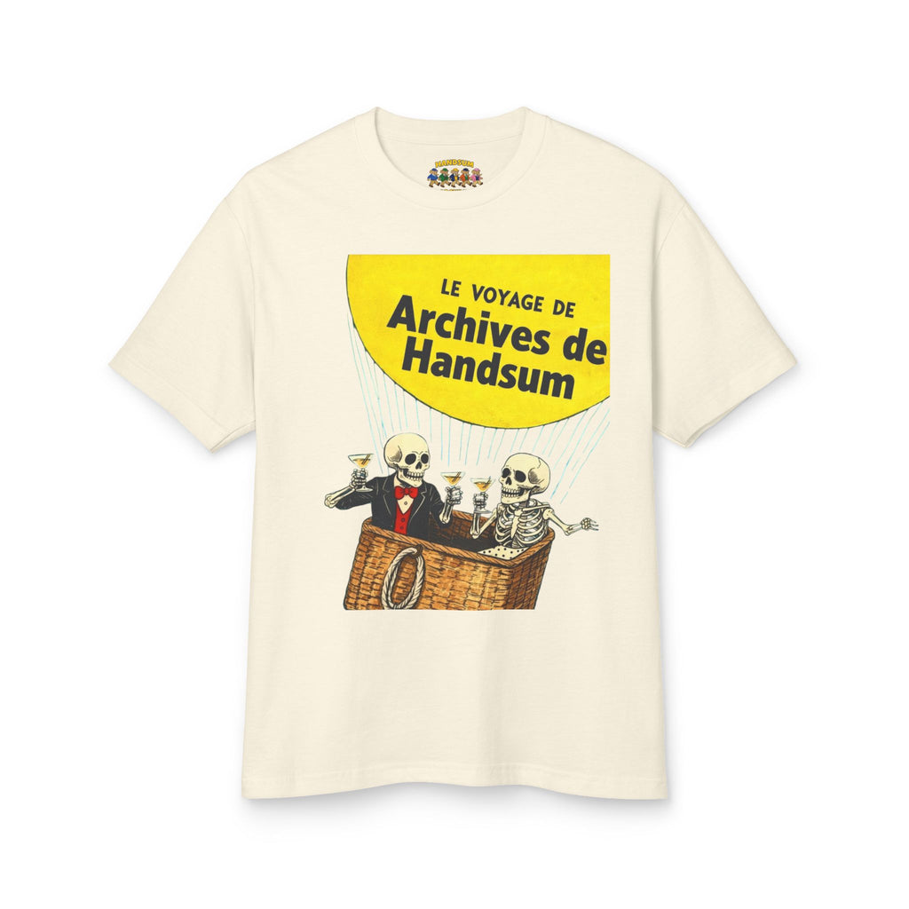 Cream crewneck T-shirt with large yellow “Le Voyage de Archives de Handsum” print