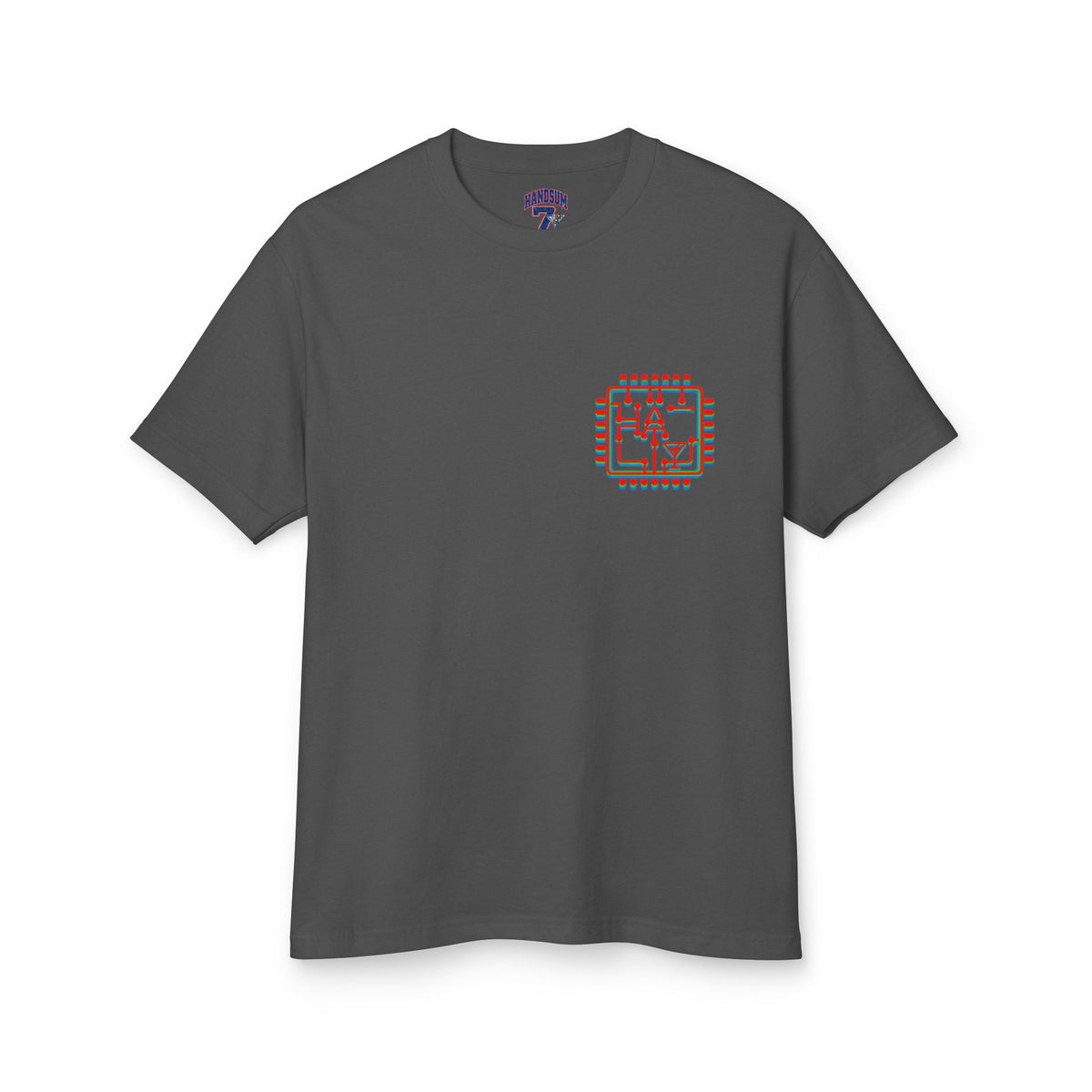 Dark gray graphic tee with small retro square logo on the chest