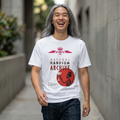 White crewneck tee with Natural Handsum Archive graphic in magenta and red