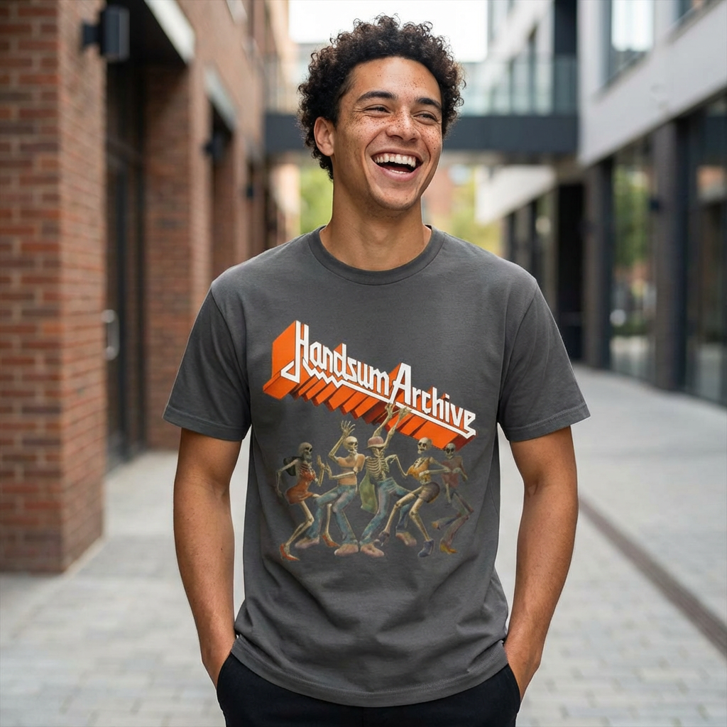 Faded black graphic tee with front orange logo and character group graphic