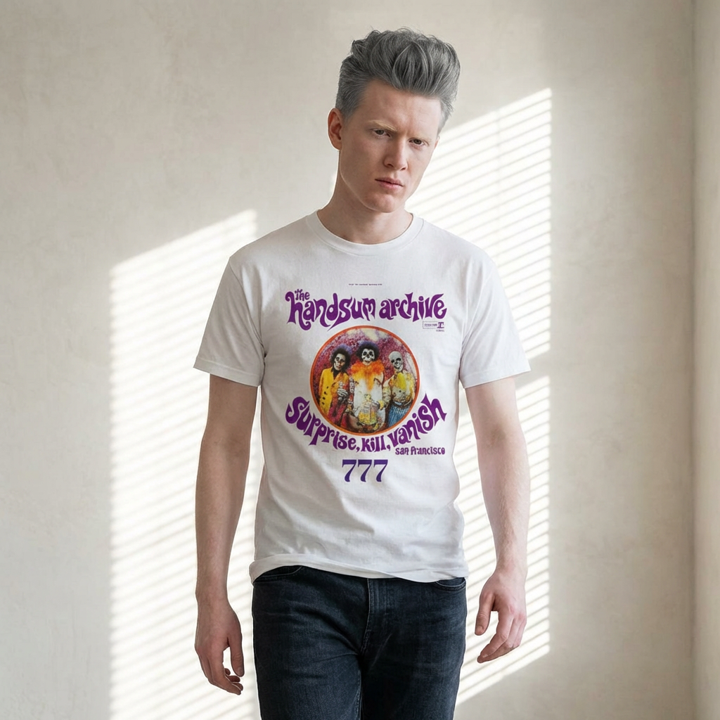 White T-shirt with purple logo and skull circle graphic, short sleeves