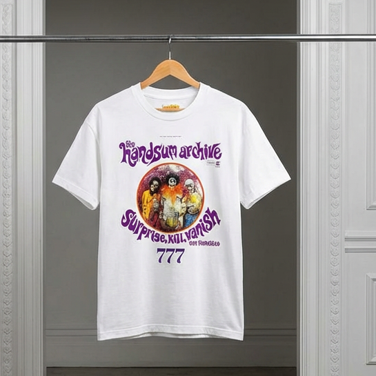 White T-shirt with purple logo and skull circle graphic, short sleeves