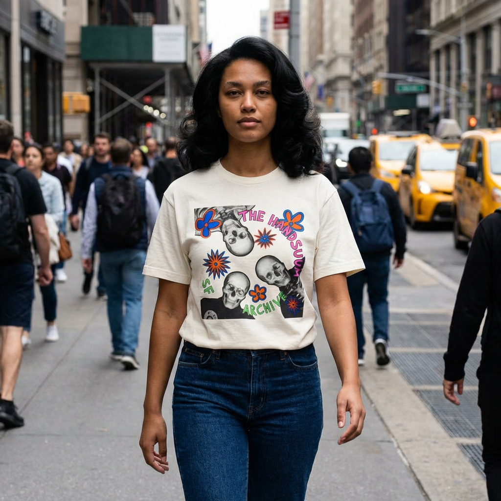 White graphic T-shirt with skulls and colorful flowers, crew neck, short sleeves