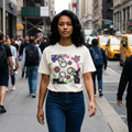 White graphic T-shirt with skulls and colorful flowers, crew neck, short sleeves