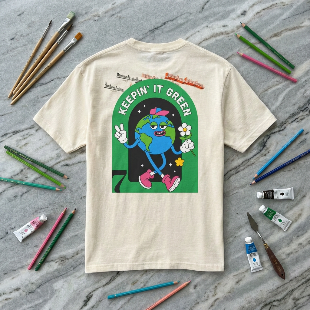 Cream crewneck T-shirt laid flat, back graphic with green globe character and “Keepin’ It Green”.