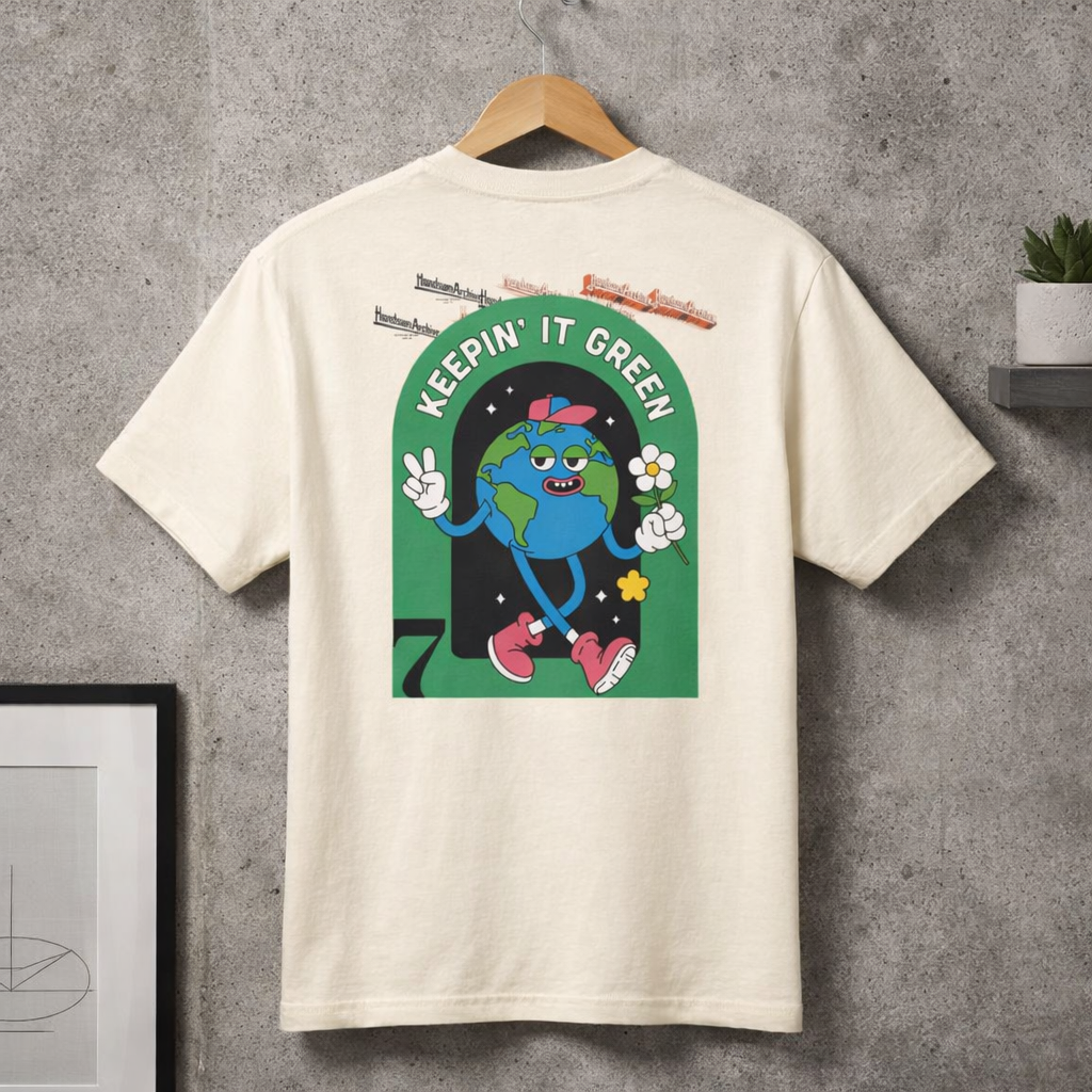 Cream crewneck T-shirt showing back graphic: green globe character with “Keepin’ It Green” text.
