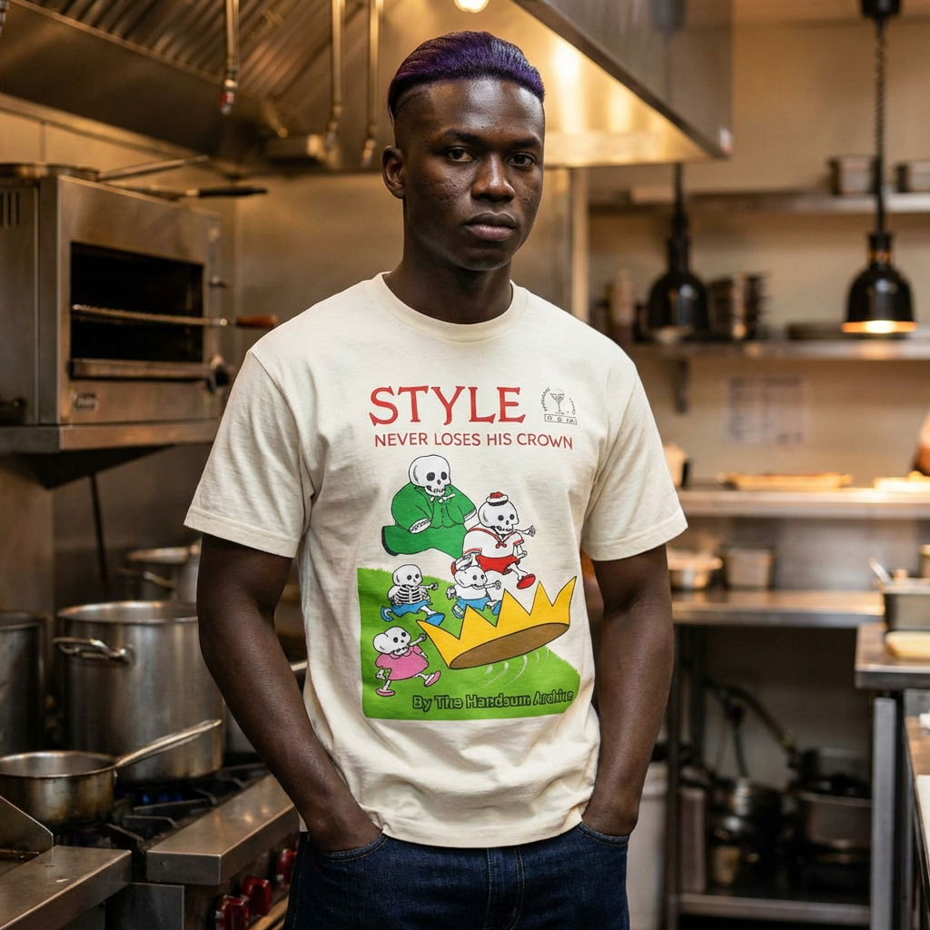 Faded cream T-shirt with 'STYLE Never Loses His Crown' cartoon graphic front
