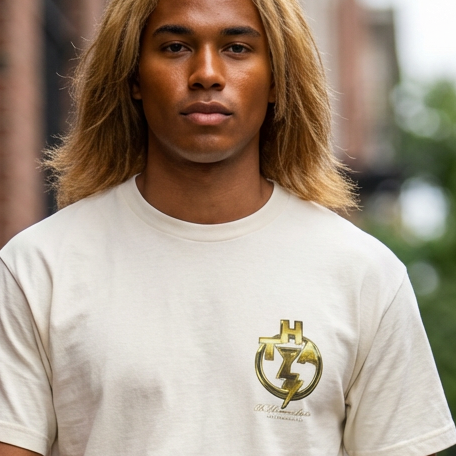 Faded cream graphic T-shirt with small gold emblem on the chest
