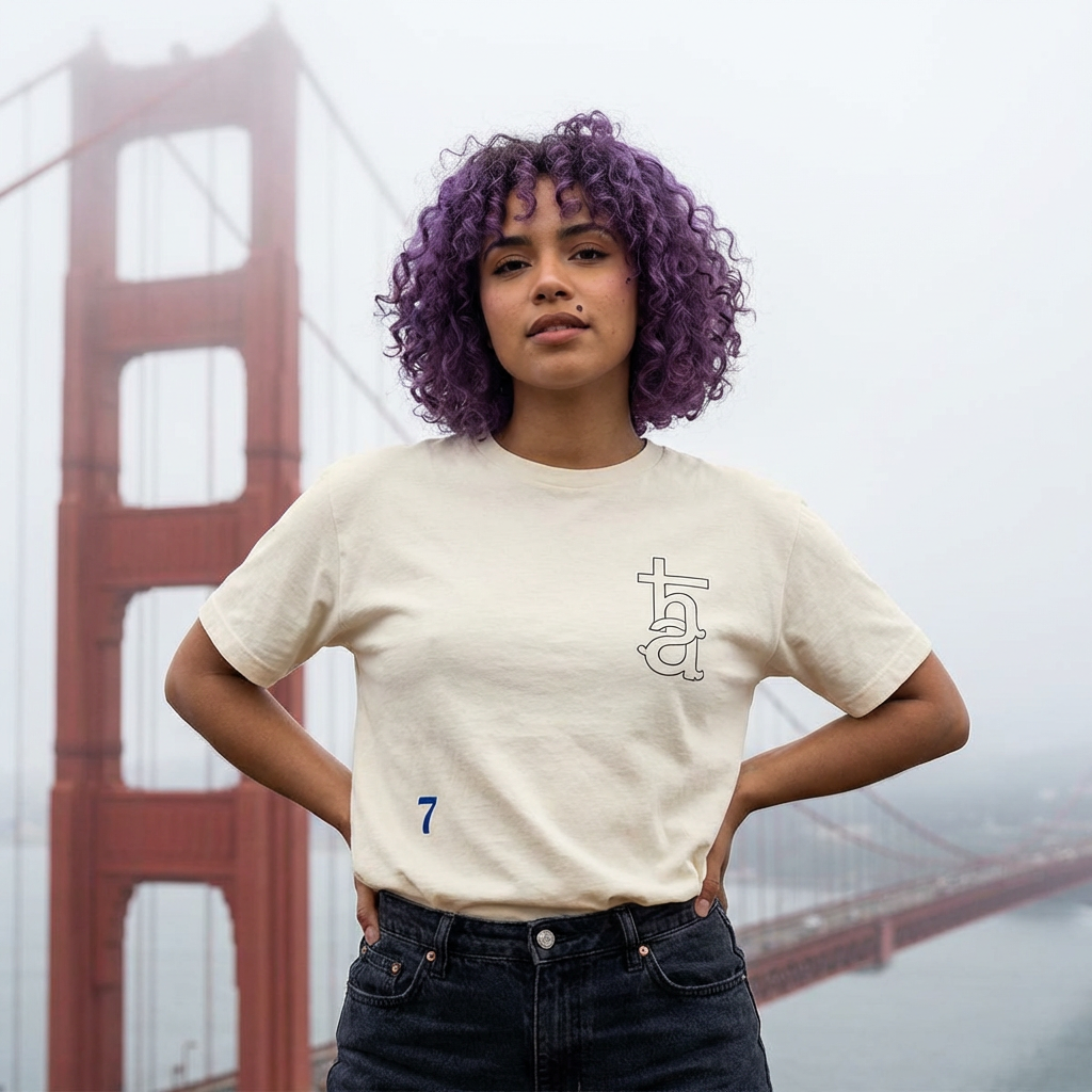 Cream crew-neck graphic T-shirt with tall monogram and small blue number 7