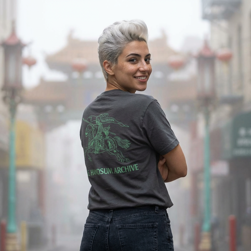 Dark graphic T-shirt with green horse rider and 'THE HANDSUM ARCHIVE' on back